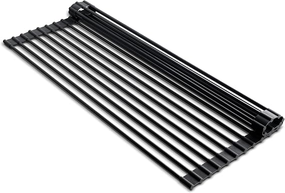 edge Roll Up Dish Drainer, Over The Sink Multi-Purpose Foldable Drying Rack, Silicone Coated Black, Medium- 17" x 13.1"