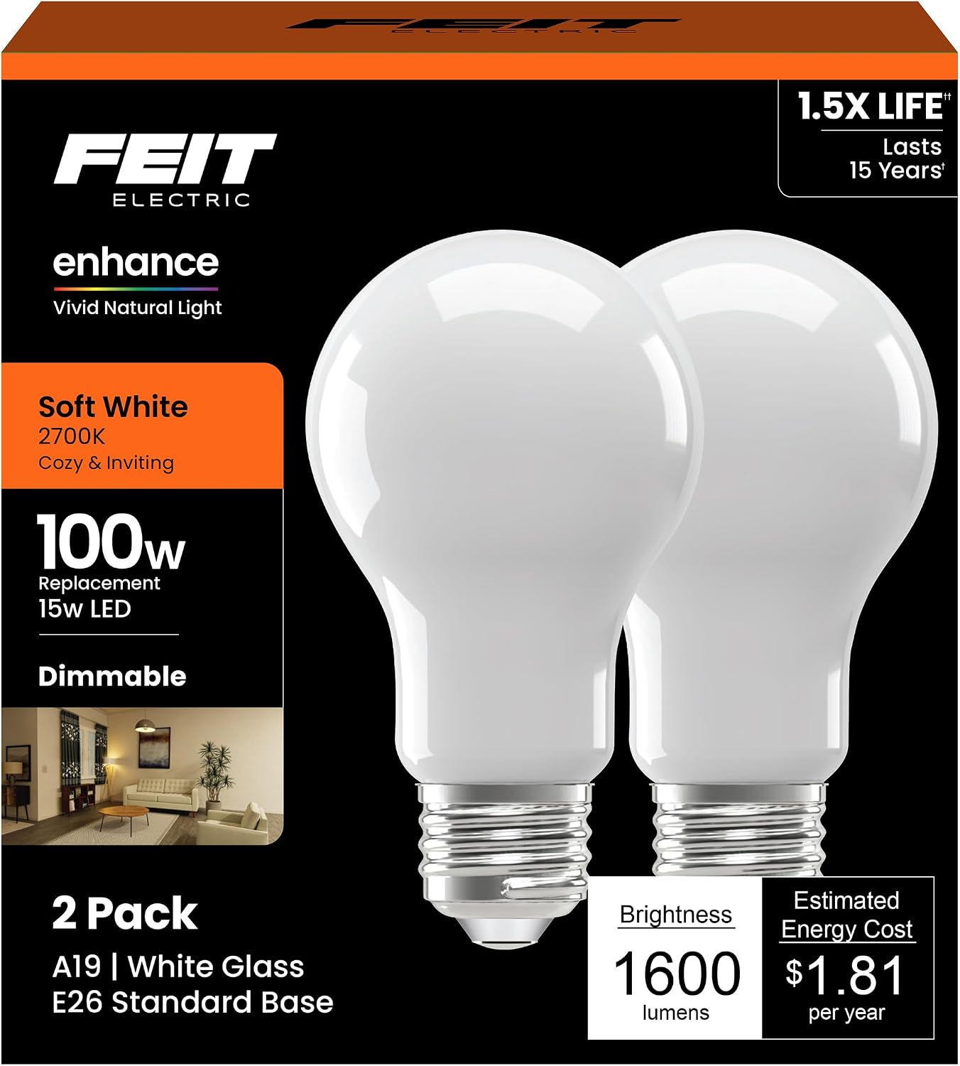 Feit Electric A19 LED Light Bulb, 100W Equivalent, Dimmable, E26 Base, 90 CRI, 1600 Lumens, 2700K Soft White, General Purpose Light Bulbs, 17,000-hour Lifetime, A100927CAFIL2, 2-Pack