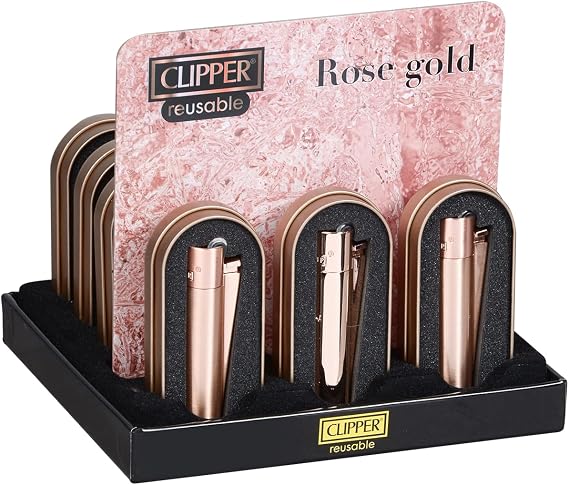 Clipper Metal Lighters Rose Gold Finish Refillable Pocket Lighters with Adjustable Flame Premium Metal Body Full Display of 12 in Gift Box