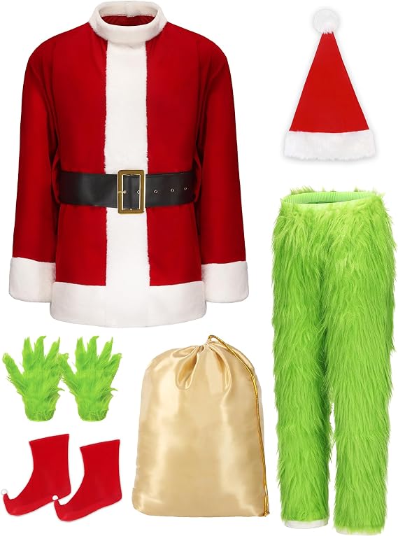 Christmas Costume for Men Adult Green Furry Monster Santa Suit 8 PCS Set
