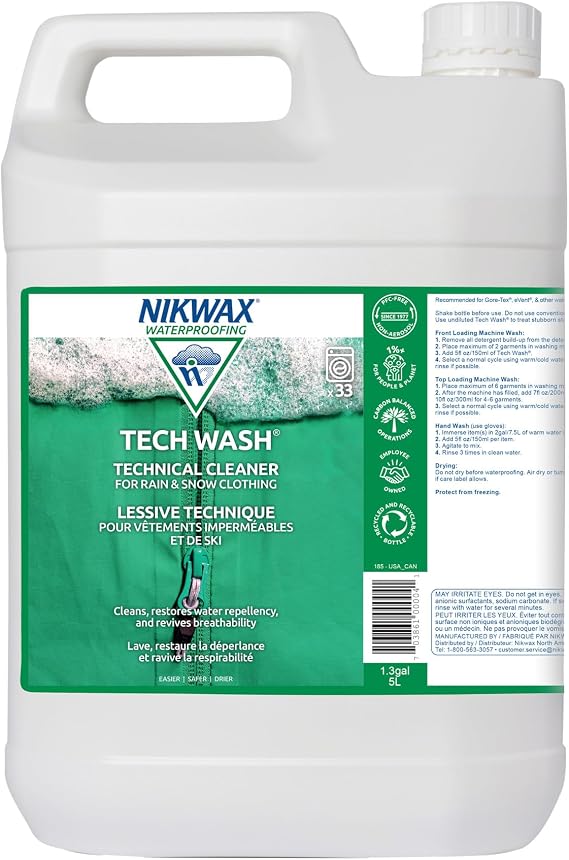 Nikwax Tech Wash 169 fl. oz., Technical Cleaner for Jackets and Outerwear, Restores Waterproofing in Rain, Ski, and Snow Gear, Safe for Gore-Tex and DWR