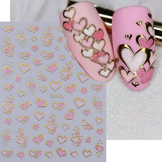 Zeyer Valentine's Day Nail Stickers Retro Pink Heart 3D Nail Art Stickers Self-Adhesive Nail Decals