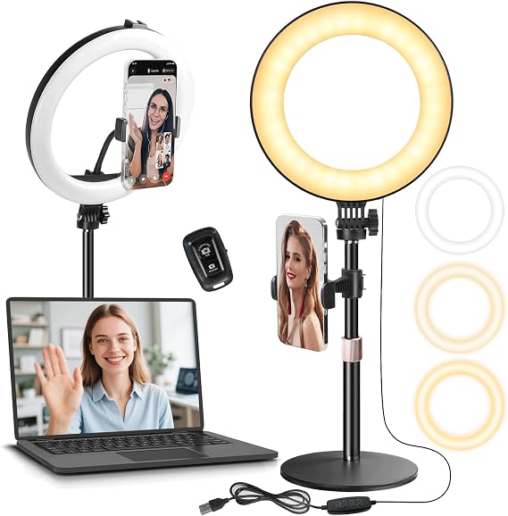 MACTREM 10 Inch Desk Ring Light with Stand Desktop LED Circle Halo Light with Phone Holder for Computer, Zoom Meeting, Meeting, Laptop Light, Video Calling, Live Streaming, Podcast, Selfie, Makeup