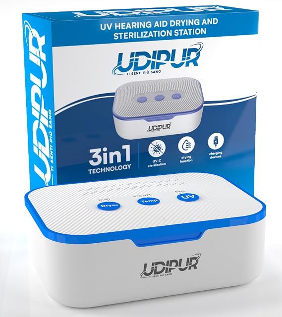 Drying Box with UV Sterilisation and Charging Function for Hearing Aids Udipur 3in1 Technology USB Type-C Maximum Temperature 50°C - 110x90x40mm