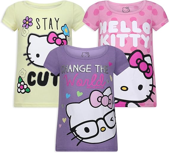 Hello Kitty Sanrio Girls 3 Pack Short Sleeve T-Shirt for Little and Big Kids