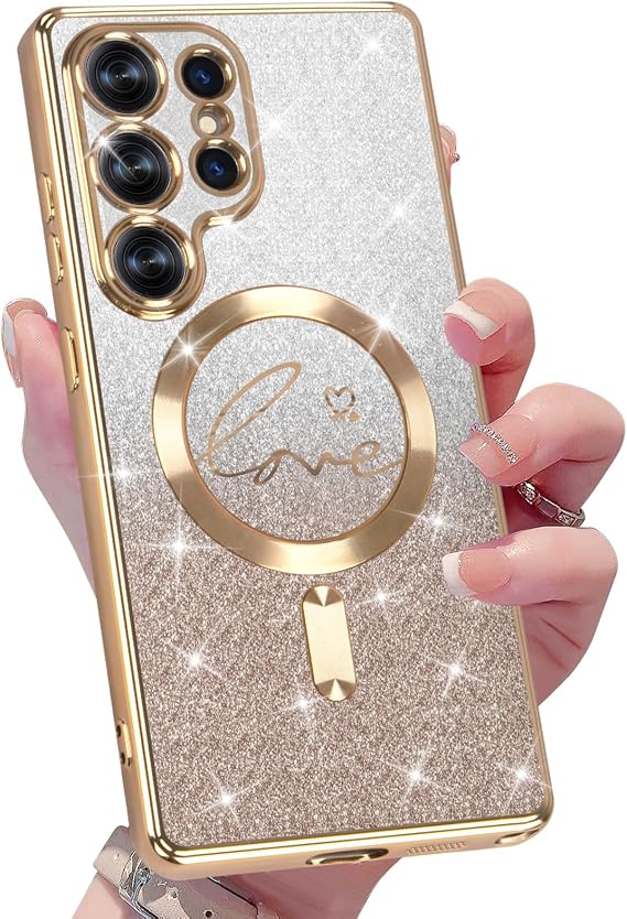 Designed for Samsung Galaxy S25 Ultra Case Magnetic Glitter [Compatible with MagSafe],Luxury Gold Plating Cover Shockproof Phone Case Clear,Drop Protection Soft TPU Case for S25 Ultra 6.8 Inch (Gold)