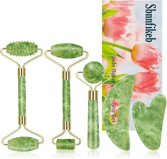 Cooling Natural Jade Face Roller & Gua Sha Tool | 5-in-1 Skincare Kit for Depuffing & Jawline Sculpting, Self Care Beauty Gifts for Women