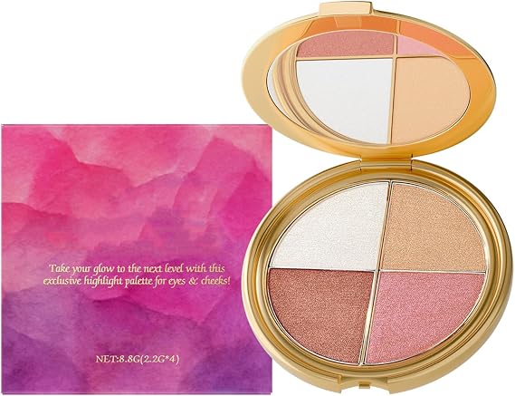 Glow Highlighting Eye & Cheek Palette - Metallic Shimmer Cheek & Eyeshadow Blush Palette - Multi-Purpose Makeup Palettes Contour Kit - 4-In-1 Highlight Shades Makeup for All Skin Types