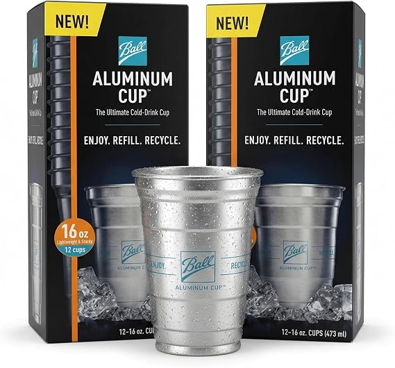 Ball Aluminum Cup 16 oz, Reusable Aluminum Drinking Cups, Durable & Recyclable, Cold Beverage Cups for Parties, BBQ, Camping & Events, 12 Count (Pack of 2, 24 Total Cups)