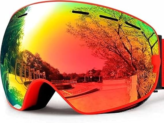 Savvy Specs - Ski/Snowboard Goggles, OTG Anti-Fog,100% UV Protection Snow Goggles, for Adults (Black/Red)