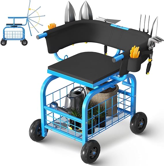 Suntee Garden Seat with Wheels, Rolling Gardening Stool with 360 Swivel Seat & Backrest,Tool Storage Basket & Back Tool Pouch, Adjustable Handle, Outdoor Gardening Scooter, Garden Cart for Seniors