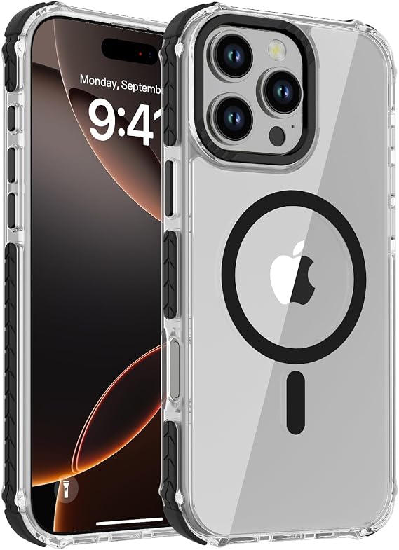 DEERLAMN Strong Magnetic Case for iPhone 16 Pro Max 6.9-Inch, [Compatible with Magsafe][Military Grade Drop Protection] Clear Slim Shockproof Protective Phone Cover-Transparent+Black