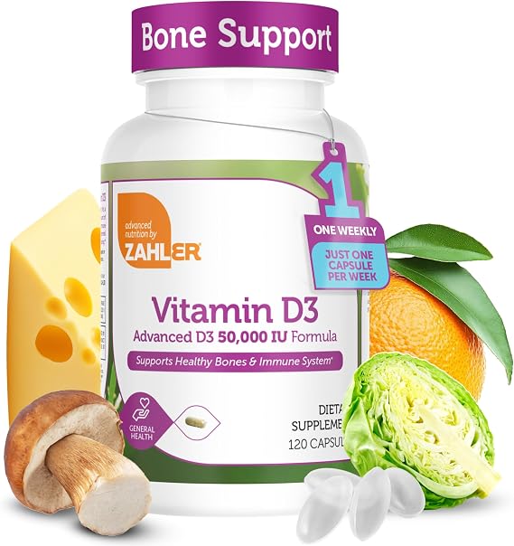 Zahler - Advanced Vitamin D3 50000 IU capsules (120 Count) Kosher Vegetarian Friendly Vitamin D for Immune Support, Bone, Teeth & Muscle Health - Weekly D3 Vitamin Supplement- Easy Swallow Vitamin D3.