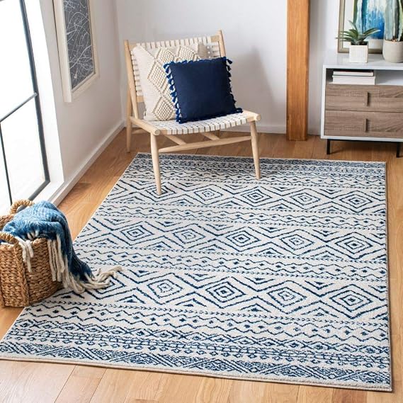 SAFAVIEH Area Rug 8x10 - Tulum Collection - Large - Ivory & Navy, Moroccan Boho Distressed Design, Non-Shedding & Easy to Clean, Ideal for Living Room, Bedroom, Dining Space (TUL267C)