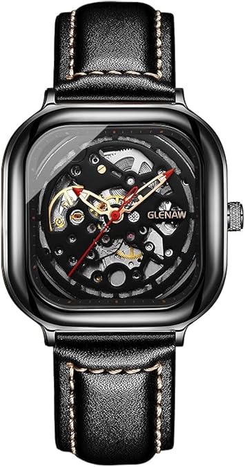 Square Mechanical Retro Watch for Men Skeleton Self-Wind Automatic Watches Vintage Leather Strap Wristwatch