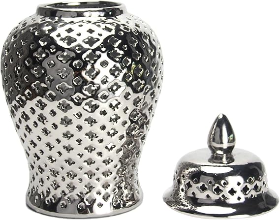 MagiDeal Ceramic Ginger Jar Temple Jar Vase with Lid Decorative Multi Purpose Floral Arrangement Storage Decorative Vase for Home Decor Kitchen Decor, Silver 12x21cm