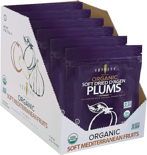 Amphora All Natural Organic Soft Dried Plums gluten free vegan health snack dried fruit, 6 Oz Each ( Pack of 6)
