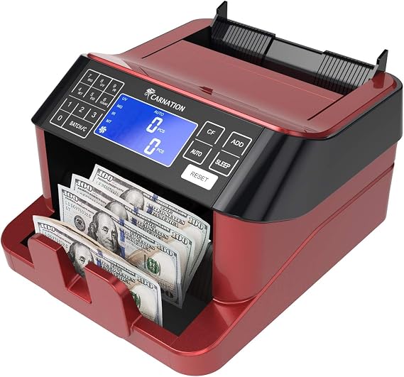 CARNATION USA Cash Counter with Counterfeit Bill Detection - UV, Infrared, Magnetic, Metallic Thread, and Size Detection
