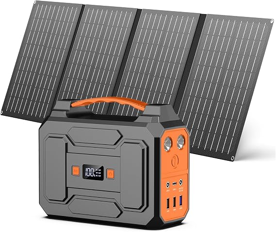 Powkey Powerstation mit Solarpanel 99Wh Tragbare Powerstation mit 40W Faltbare Solarpanel 100W Solargenerator mit 230V AC Ausgang/18W USB-A/USB-C für Wohnmobil Camping，schwarz-orange