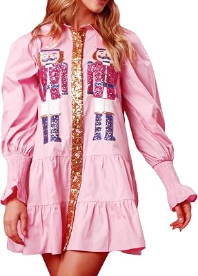 CosTribe Women Christmas Sequin Skirt Nutcracker Sweatshirt T-Shirt Dress Holiday Party Long Sleeve Santa Sweater Mini Dress