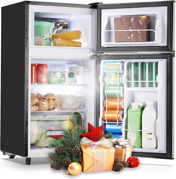 WANAI Double Door Small Refrigerator with Freezer-on-top, 3.5 Cubic Feet Mini Fridge with 7-Level Adjustable Thermostat for Office, Dorm, Bedroom, Home and Apartment, Silver