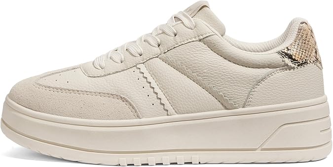 LUCKY STEP Women's Lace Up Platform Sneakers Thick Sole Comfortable Casual Fashion Faux Leather Tennis Low Top Walking Shoes