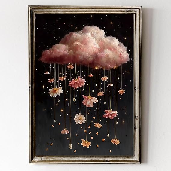 Pink Abstract Cloudy Wall Art Dark Academia Flower Print Abstract Sky Painting Rain Flower Poster Vintage Sky Black and White Wall Art Dark Rain Cloud Painting Moody Botanical Print 16x24in No Frame