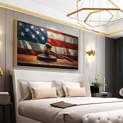 Judge Gavel Canvas Wall Art, American Flag Canvas Wall Art, Law Wall Art, Attorney Wall Art, Justice Painting, Gift for Lawyer, Attorney Office Wall Decor, Canvas Wall Art for Living Room Gold Framed, 59x33|150x84cm
