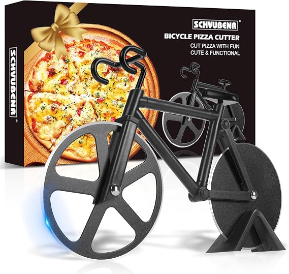 Bicycle Pizza Cutter Wheel - Gifts for Cyclists, Men, Dad, Bike Lovers - Funny Kitchen Gadgets - Cool Fathers Day, Christmas, Birthday, White Elephant Gifts - Stainless Steel Pizza Slicer(Black)