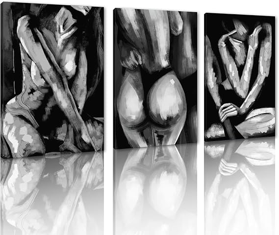 3 Panel Sexy Woman Wall Art - Black and White Bedroom Canvas Print Nude Female Body Painting Modern Girl Picture Artwork Framed Prints for Couples Room Bathroom Home Wall Decor, 20"x28"x3
