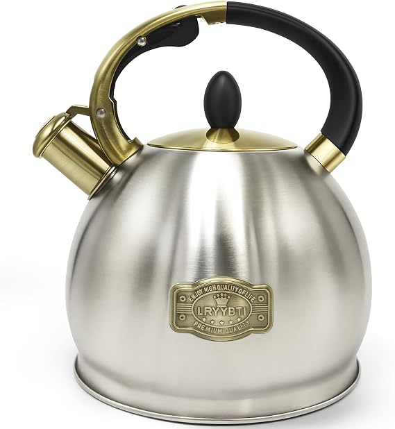 Stove Top Whistling Tea Kettle, Brushed, 2.64 Qt | Food Grade Stainless Steel Teapot of 5-layer base for Camping & Kitchen