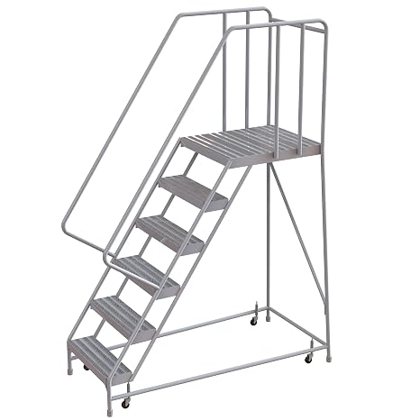 Tri-Arc WLAR106244-D5 6-Step Aluminum Rolling Ladder, 28"D Platform, 92" Height, 32" width, 65" Length,