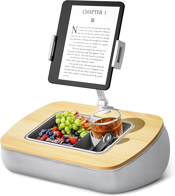 ERGONOV Tablet Pillow Stand with Snack Bowl,iPad Holder for Bed -Birch Gray | Hands-Free Reading and Relaxation on Bed,Couch,Recliner or Your Lap 360 Rotating Clip for 4.7-13" Kindle,eBook,Tablet,iPhone