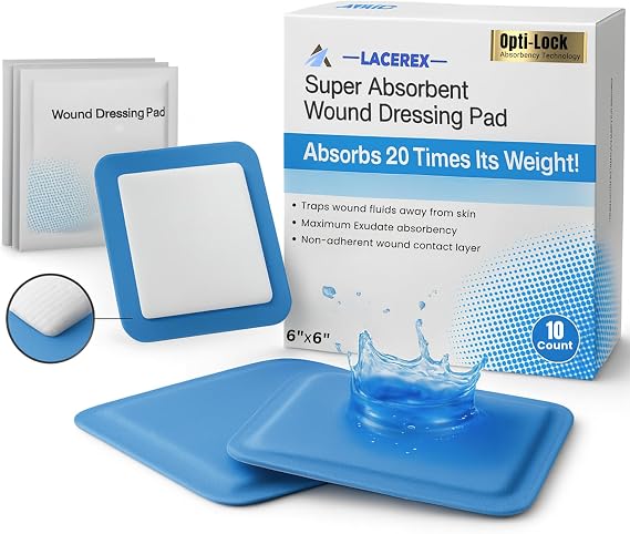 AWD Super Absorbent Wound Dressing Pad, Non Adhesive Dressing for Pressure Ulcers, 1st and 2nd Degree Burns, Gentle on the Skin, Absorbs 20 Times Its Weight, (10/Bx)