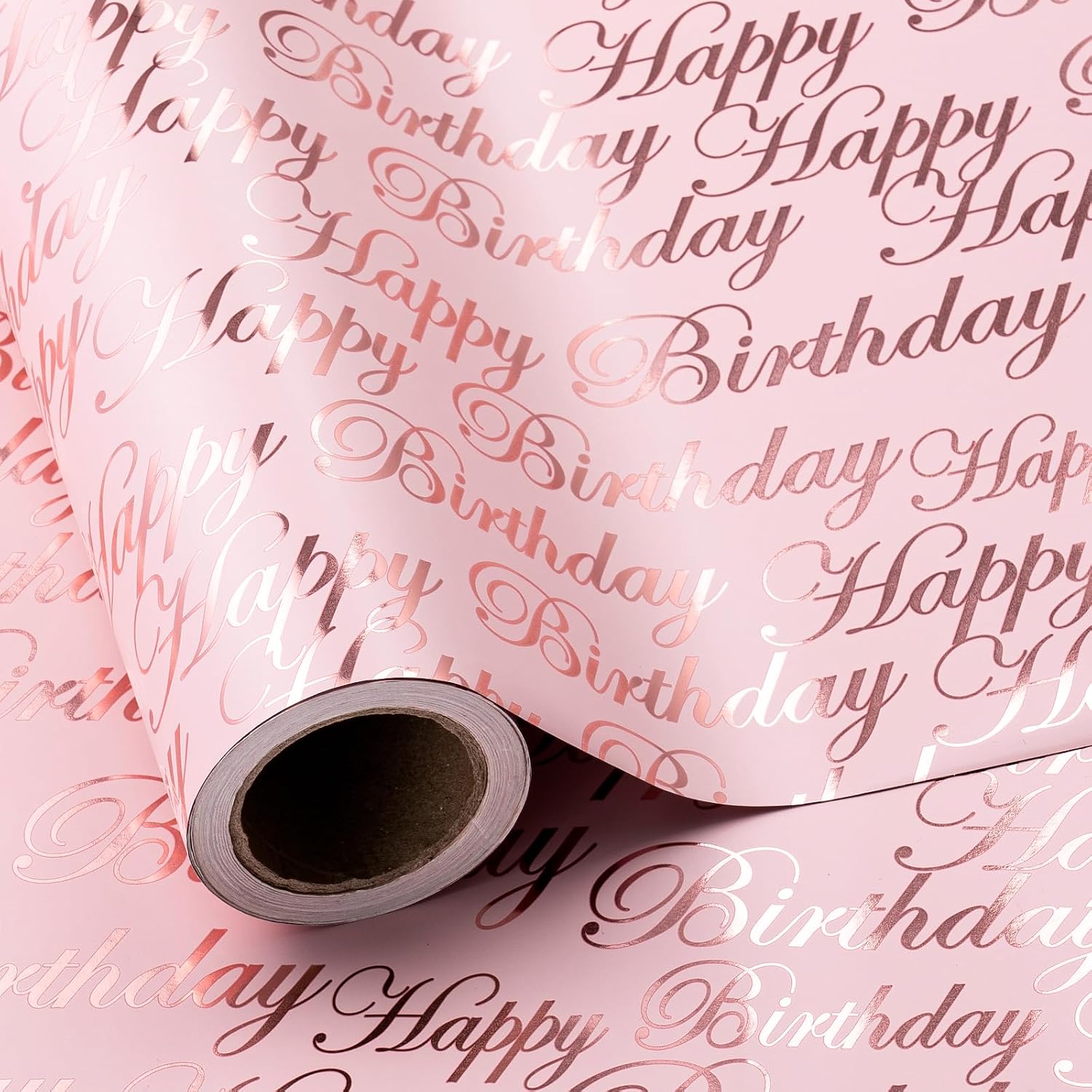 WRAPAHOLIC Reversible Wrapping Paper - Mini Roll - 17 Inch x 33 Feet - Rose Gold Foil Happy Birthday Lettering Design for Holiday, Party, Baby Shower