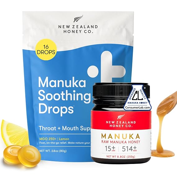 New Zealand Honey Co. Manuka Honey Drops with Lemon MGO 250+ (16 Count) + Raw Manuka Honey UMF 15+ MGO 514+ (8.8oz/250g) Bundle