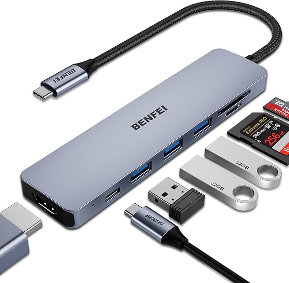 BENFEI USB C HUB 7-in-1 with HDMI(4K@60Hz,Certified), 100W Power Delivery, 3*USB 3.0, SD/TF Card Reader(160MB/s) Compatible with iPhone 15 Pro/Max, MacBook, iPad Pro, iMac, S23, XPS17