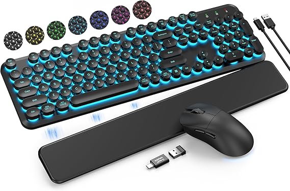 Wireless Keyboard and Mouse Backlit - Typewriter Keyboard with Magnetic Wrist Rest, Retro Round Keys, Light Up Letters, 2.4GHz Cordless Combo for Mac, Windows, PC, Laptop, Trueque CK23Pro [Upgraded] | Retro Round Keys, Light Up Letters, 2.4GHz Cordless Combo for Mac, Windows, PC, Laptop, Trueque CK23Pro [Upgraded]