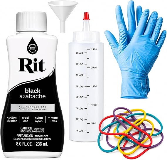 Rit Dye Liquid Black Fabric Dye 8oz Kit - All-Purpose Fabric Dye for Clothes, Cotton, Denim, Nylon & Tie Dye Projects - Includes Gloves, Rubber Bands, Funnel & Squeeze Bottle