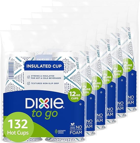 Dixie To Go paper coffee cups, 12 oz, 132 count (6 packs of 22 cups), disposable insulated for on-the-go hot or cold beverages