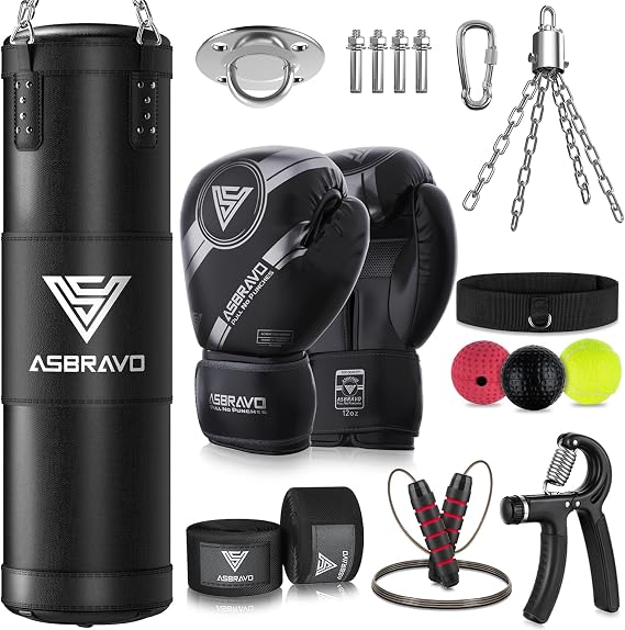 Punching Bag for Adults, 4 ft Set with 12 oz Boxing Gloves | 195-inch wraps, Oxford fabric and PU panel, reinforced stitching, hanging hardware for MMA and kickboxing; ships unfilled