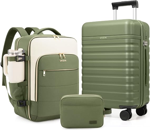 UKEIN Luggage Sets 3Piece, Carry On Luggage 20in Suitcase Set With Backpack | Carry On Suitcase with Spinner Wheels,PC Durable Hardside with TSA Lock,YKK Zippers,22x14x9 Airline Approved For Travel