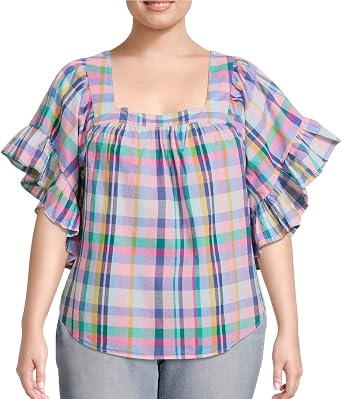 Terra & Sky Multi Plaid Plus Size Square Neck Peasant Top - 0X