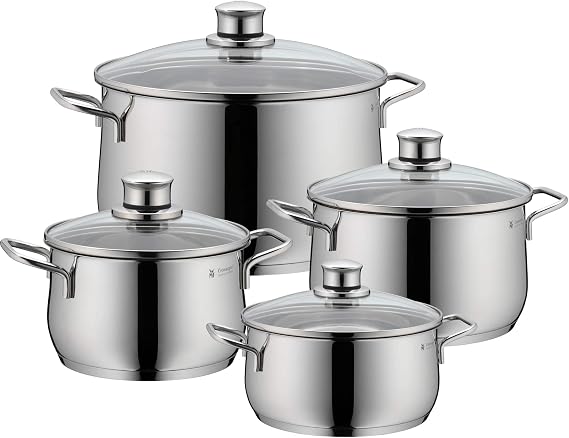 WMF Pot Set 4-Piece Diadem Plus Pouring Rim Glass Lid Cromargan Stainless Steel Polished Suitable for Induction Hobs Dishwasher-Safe
