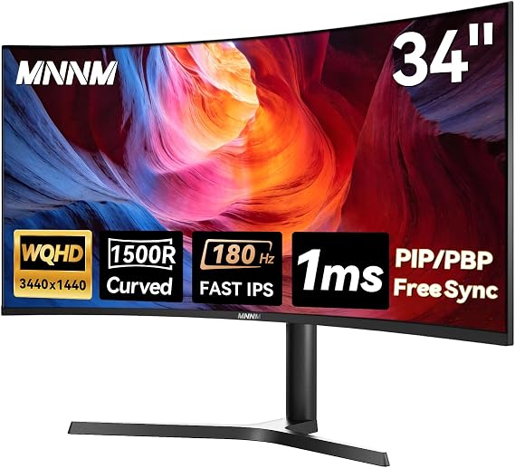 34 Inch Ultrawide Gaming Monitor - 21:9 WQHD 3440 x 1440 R1500 Curved Computer Monitor for Gamer, 180Hz,1ms, AMD FreeSync, Crosshair, TUV Eye Care, HDMI 2.0 & DP1.4, Tilt/Height/Swivel Stand