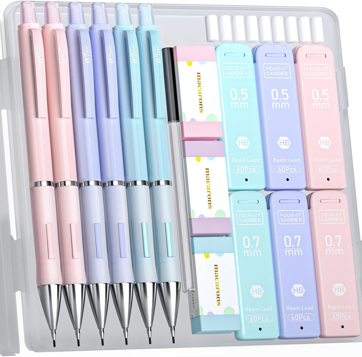 Four Candies Pastel Mechanical Pencil Set - 6PCS 0.5 mm &amp; 0.7mm Pencils with 360PCS HB #2 Lead Refills, 3PCS Erasers and 9PCS Eraser Refills, Cute School Supplies Stuff for Student Writing Drawing