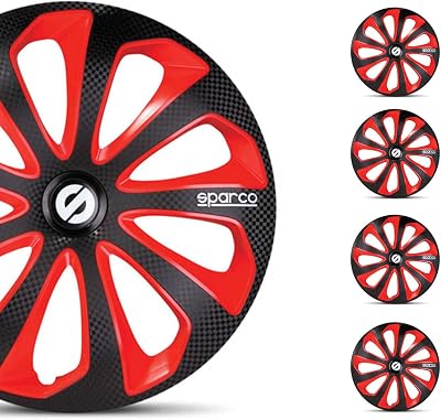 SPARCO Sicilia - ABS Black Red Carbon Hub Caps 16 Inch Set of 4, Tapas para Rines 16, Premium Wheel Covers 16 Inch, R16 Rim Cover Set, Snap On Durable Car Replacement Exterior Accessories