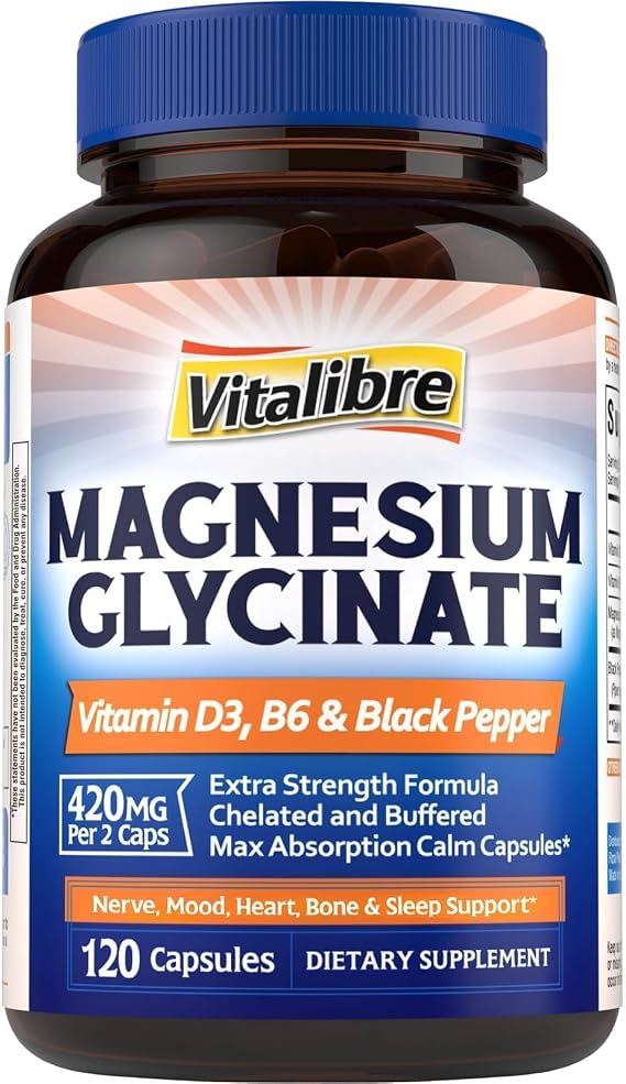 Vitalibre Magnesium Glycinate 420mg with Vitamin D3 B6, 120 Vegan Capsules