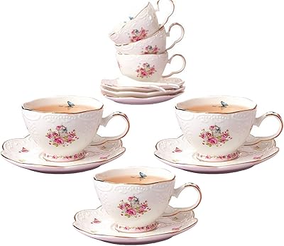 Jusalpha 7 Oz Porcelain Tea Sets Flower Series Tea Cup and Saucer Set-Coffee Cup Set with Saucer and Spoon FD-TCS11 Set of 6
