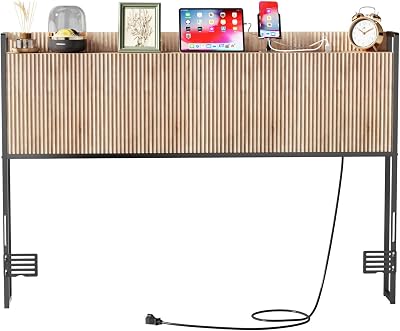 Twin Size Headboard with Outlets, Wall Mount Wood Fluted Headboard with Storage, Height Adjustable, Storage Rack, Sturdy and Stable, Easy AssemblyOak, Twin